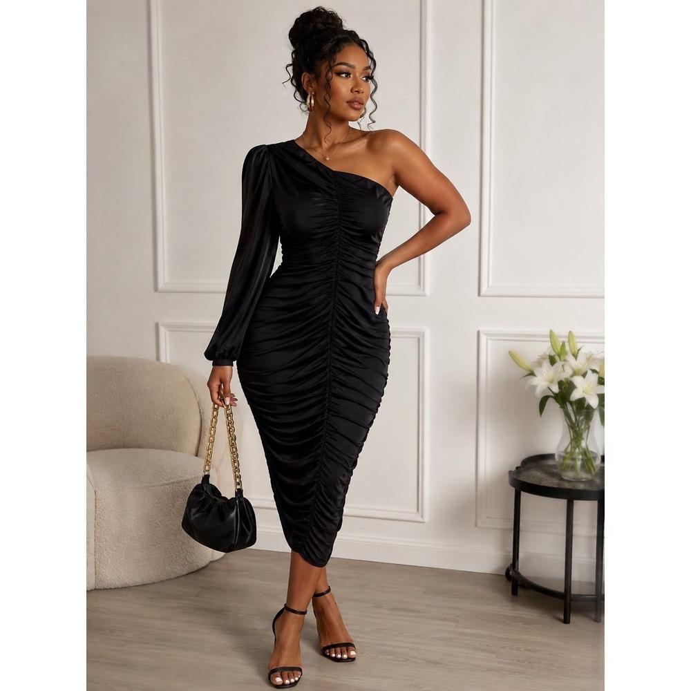 Womens Black One Shoulder Ruched Bodycon Midi Dress Sheer Sleeve XL